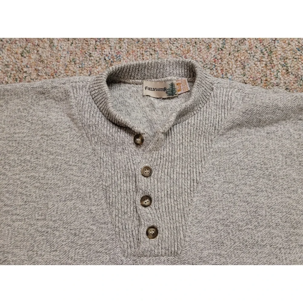 Fieldmaster Henley Sweater Mens 2XL Gray Vintage Cotton Knit Made in USA 90s
